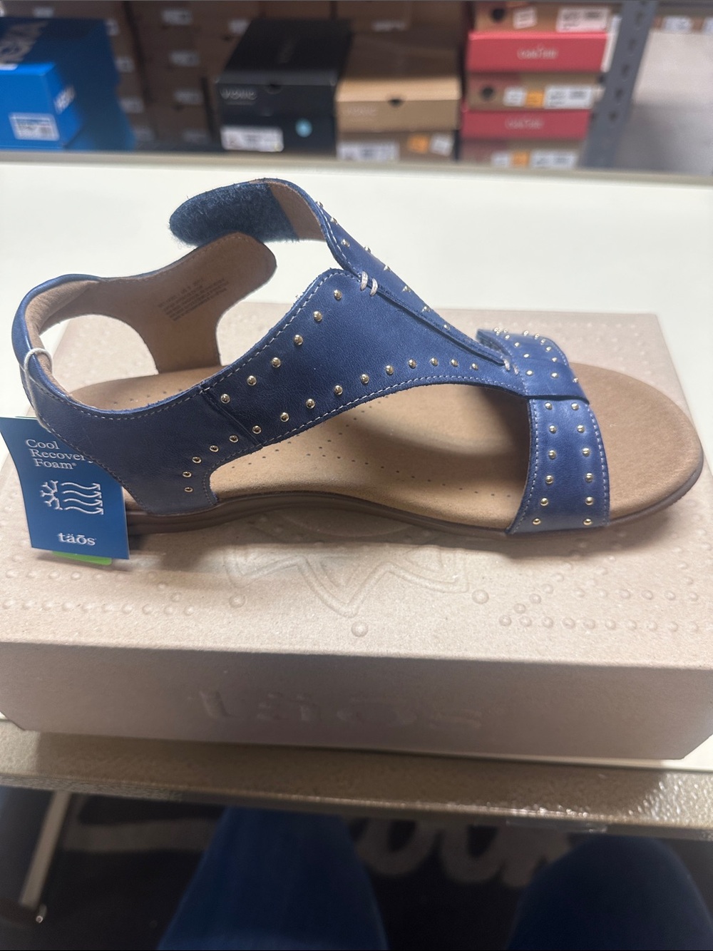 Taos Show Stopper Dark Blue Studded T-strap Slingback Sandals - Picture 6 of 9